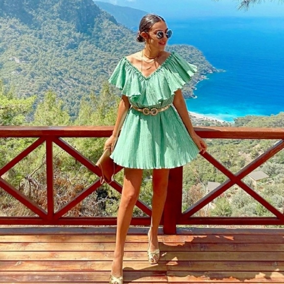 🌱 Zara Washed Green Voluminous Pleated Dress 🌱 - Picture 3 of 17